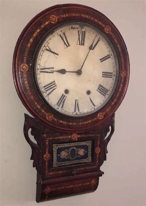 Antique Victorian Drop Dial Inlaid New Haven 8 Day American Wall Clock For Parts Antique
