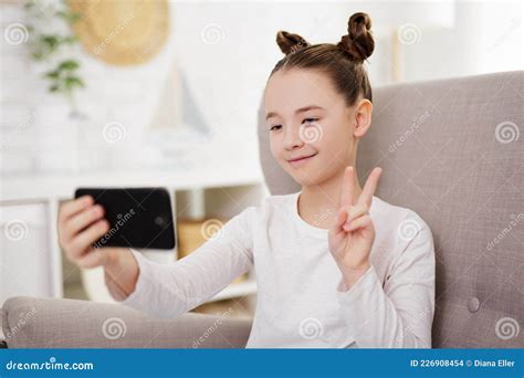 Technology Social Media And Internet Concept Cute School Girl Taking