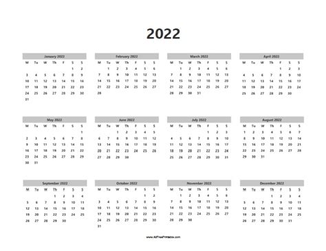 2022 Printable Yearly Calendar Free Letter Templates