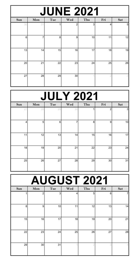 June To August 2021 Calendar Pdf Word Template One Platform For