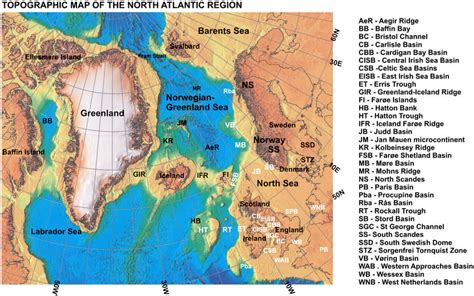 Topographic Map Of The North Atlantic Region With Names Of Important