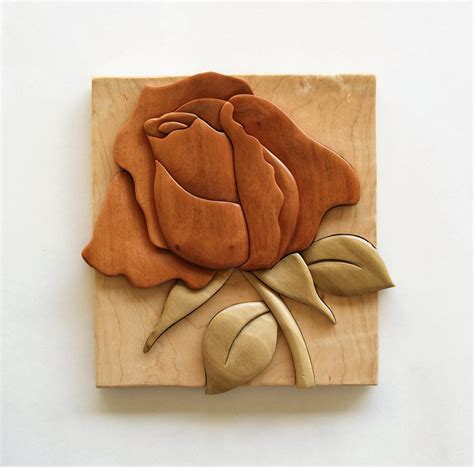 Rose Intarsia Wall Hanging Wood Flower Carving Floral Decor