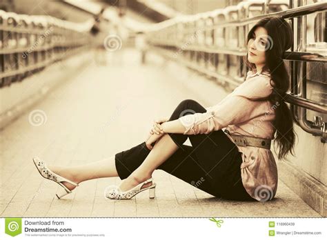 Happy Young Fashion Woman Sitting On Sidewalk Stock Image Image Of