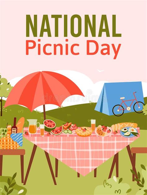 National Picnic Day Poster With Garden Furniture Cartoon Vector Illustration Stock Vector