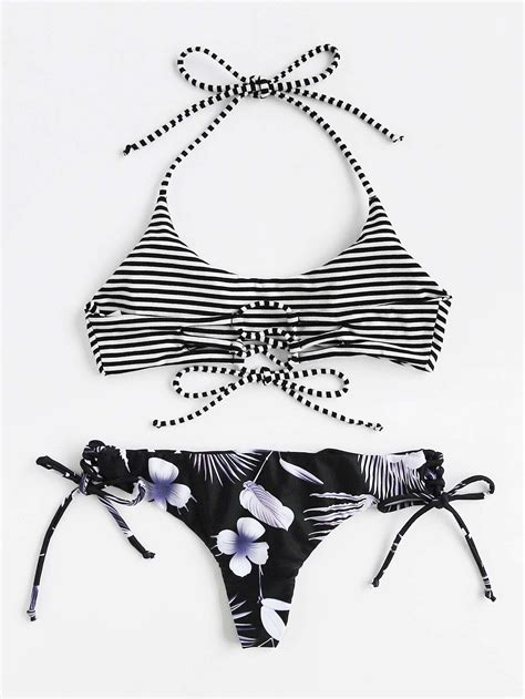 Striped And Floral Print Tie Detail Bikini Set SheIn Sheinside