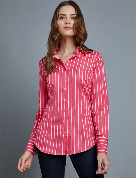 Womens Red And White Bengal Stripe Fitted Shirt Single Cuff Hawes