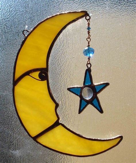 Moon And Star Sun Catcher In Stained Glass Celestial Art With Crystal
