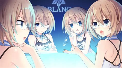 safebooru 4girls bare shoulders blanc blue eyes blush brave neptune brown hair glasses highres