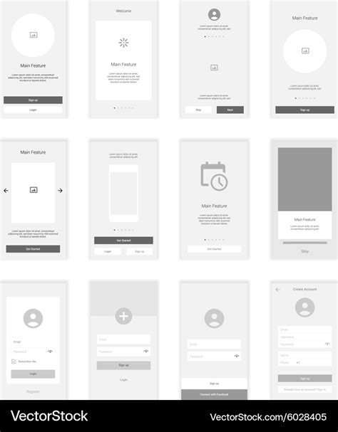 Mobile Screens Wireframe User Interface Kit Vector Image