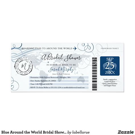Blue Around The World Bridal Shower Boarding Pass Invitation Zazzle Boarding Pass Invitation