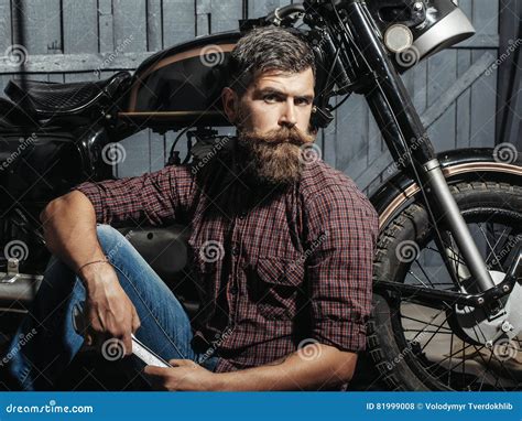Bearded Biker Man With Wrench Stock Photo Image Of Leather Beard