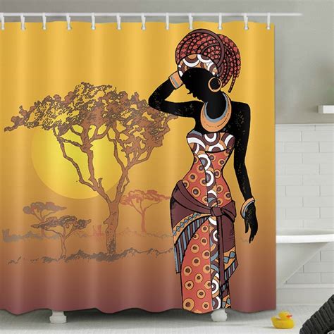 African Woman Shower Curtain Sunset Tree Black Girl Bathroom Modern Waterproof Washable
