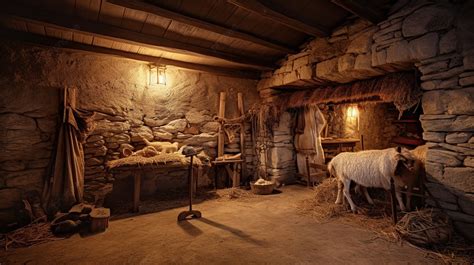 The Nativity Scene In A Cave In Europe With Sheep And Goats Background