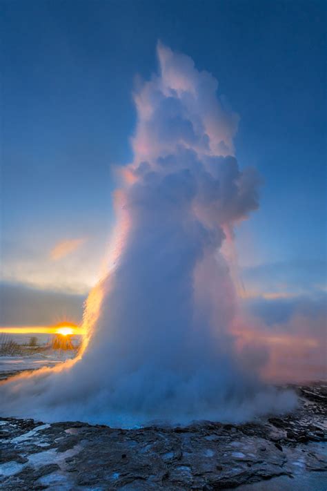Geysir Exploding At Sunrise In Geysir Iceland Fine Art Print Photos