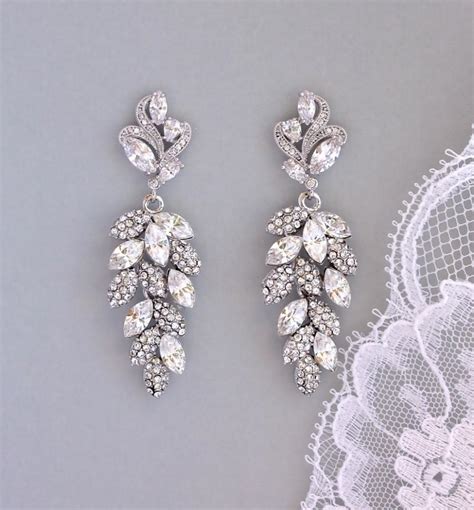 Bridal Chandelier Earrings Crystal Leaf Earrings Silver Or Gold