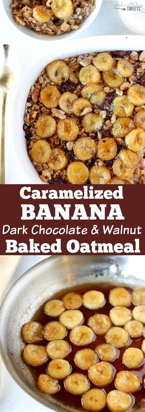 Baked Oatmeal Topped With Caramelized Bananas Maple Syrup Walnuts
