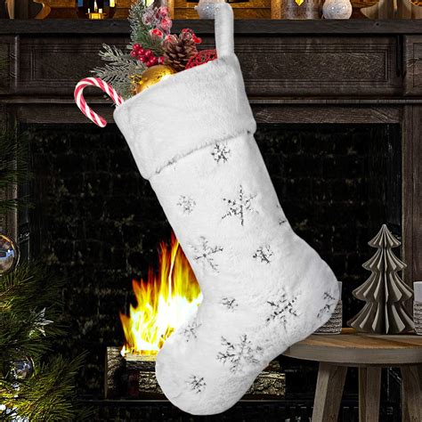 Whaline Christmas Stocking White Snowflake Stocking 22inch Faux Fur Fireplace Hanging Stocking