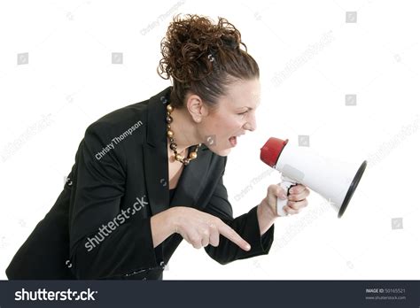 Attractive Caucasian Business Woman Yelling Into Stock Photo 50165521