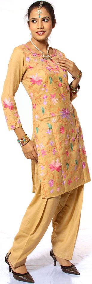 Khaki Two Piece Kashmiri Salwar Kameez With Aari Embroidered Flowers