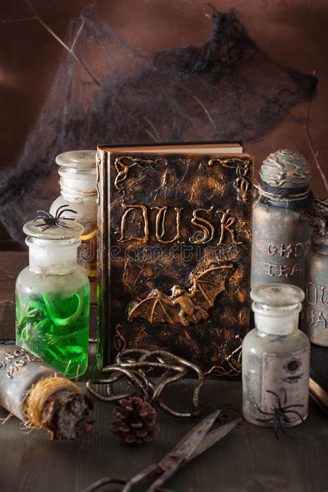 Magic Book Witch Apothecary Jars Potions Halloween Decoration Stock