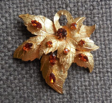 Stunning Leaf Vintage Large Brooch Gilt Amber Etsy Uk Leaf