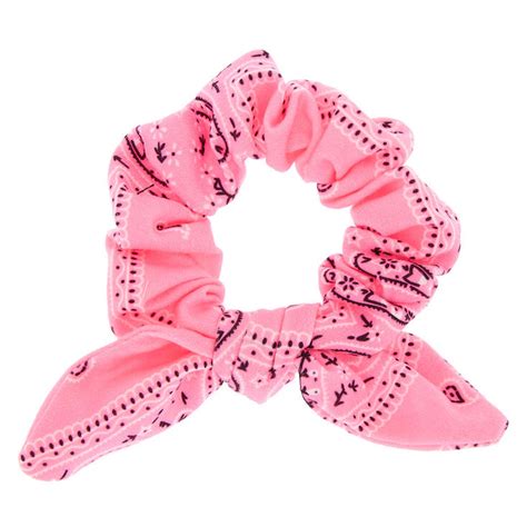 Paisley Print Bandana Bow Hair Scrunchie Neon Pink Claires Us