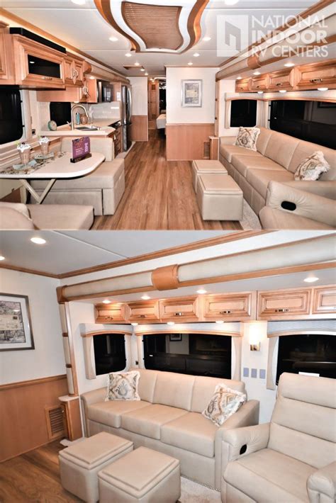 The Inside And Outside Of A Motor Home With Couches Chairs Tables And