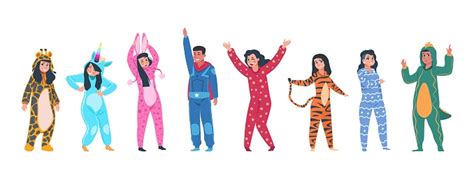 Personages In Pyjama Cartoon Mannen En Vrouwen In Verschillende Pyjamas