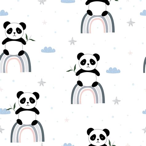 Seamless Pattern The Panda Held A Bamboo Leaf Sitting On The Rainbow