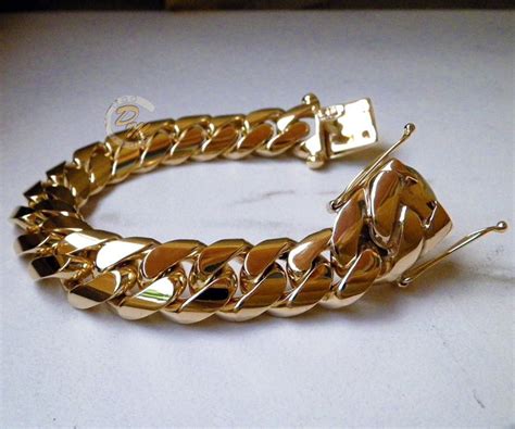 Miami cuban link chain or bracelet 14k gold over solid 925 silver box lock italy. Huge 14K Gold Miami Mens Cuban Curb Link Bracelet 8.75 ...