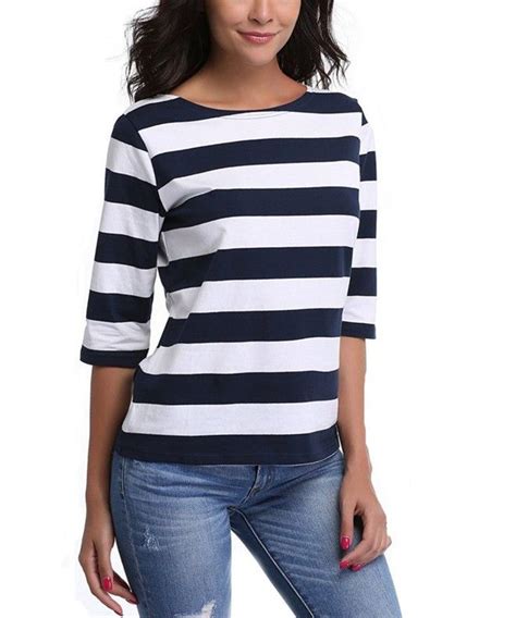 women s round neck 3 4 sleeves striped casual tee t shirt dark blue large stripe ch1867rws6e