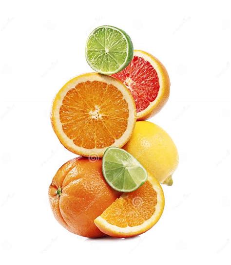 A Stack Fresh Oranges Fruitsgrapefruits Lemons And Lime Stock Photo