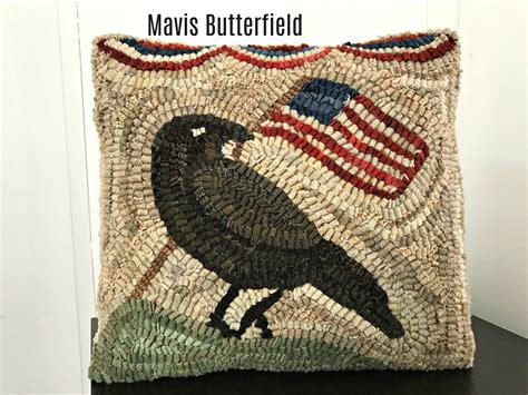 American Folk Art Primitive Wool Hooked Rug Pillow Patriotic Crow