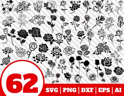 Rose Svg Bundle Flower Svg Roses Clipart Rose Stencil