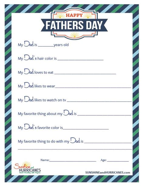 All About My Dad A Printable Father S Day Questionnaire Father S Day Printable Fathers Day