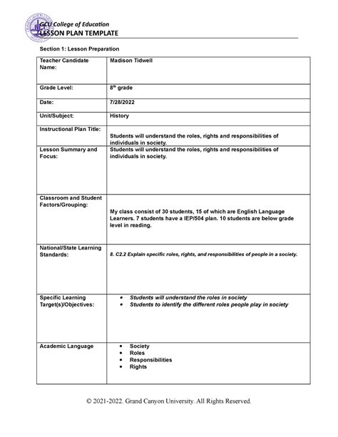 Coe Lesson Plan Template 1 1 Lesson Plan Template Section 1 Lesson