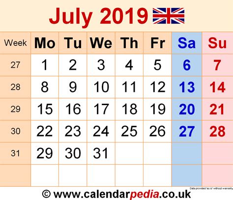 Calendar July 2019 Uk With Excel Word And Pdf Templates