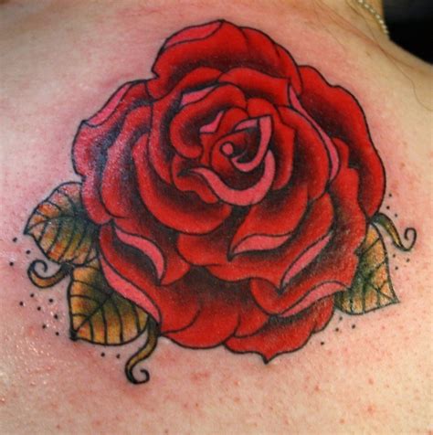 Traditional Rose Flower With Green Leaves Tattoo Tattooimagesbiz
