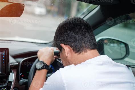 Man Feeling Stress And Angry During Drive Car Long Time Asian Male
