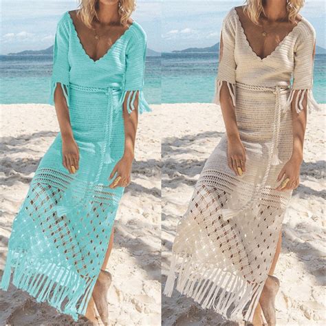 2019 Crochet Tassel Beach Cover Up Knitted Dress Tunic Long Pareos