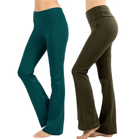 Womens And Plus Stretch Cotton Foldover Waist Bootleg Workout Yoga Pants 2pk Hunter Green Dk