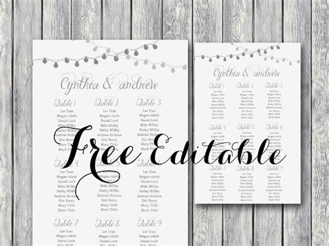 Free Editable Wedding Seating Chart Template Printable Night Lights