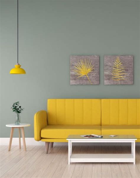 Fresh Gorgeous Living Room With Pale Green Accent Wall And Yellow Sofa