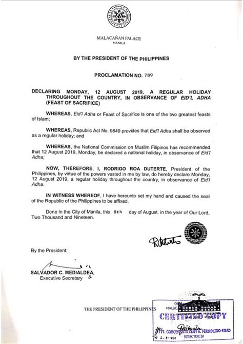 Duterte Declares Aug 12 Regular Holiday For Eidl Adha Tempo The