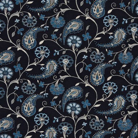 Navy Blue Beige Paisley Floral Indoor Outdoor Upholstery Fabric By The