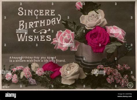 Attractive Antique Birthday Greetings Card Decorated With Hand Tinted