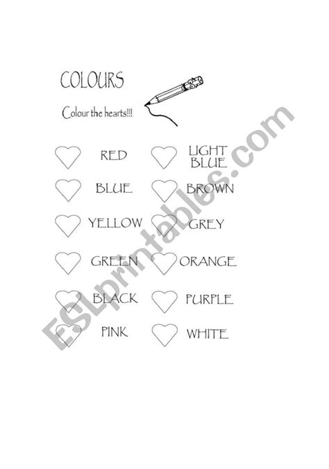 English Worksheets Colour The Hearts