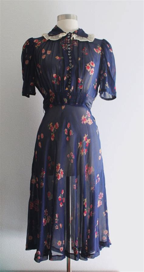 Reserved 1930s Floral Dress Vintage 30s 40s Navy Blue Pink Silk