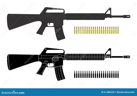 Assault Rifles With Bullets Color Silhouette Stock Vector