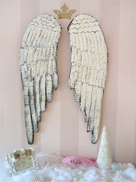 Shabby Cottage Chic Angel Wings Long White Rustic French Style Holiday Wall Pair Wooden Angel